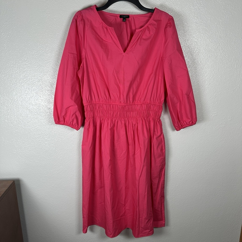Talbots Shirt Dress Womens 10Petite Bright Pink Cotton 3/4 Sleeve Elastic‎ Waist